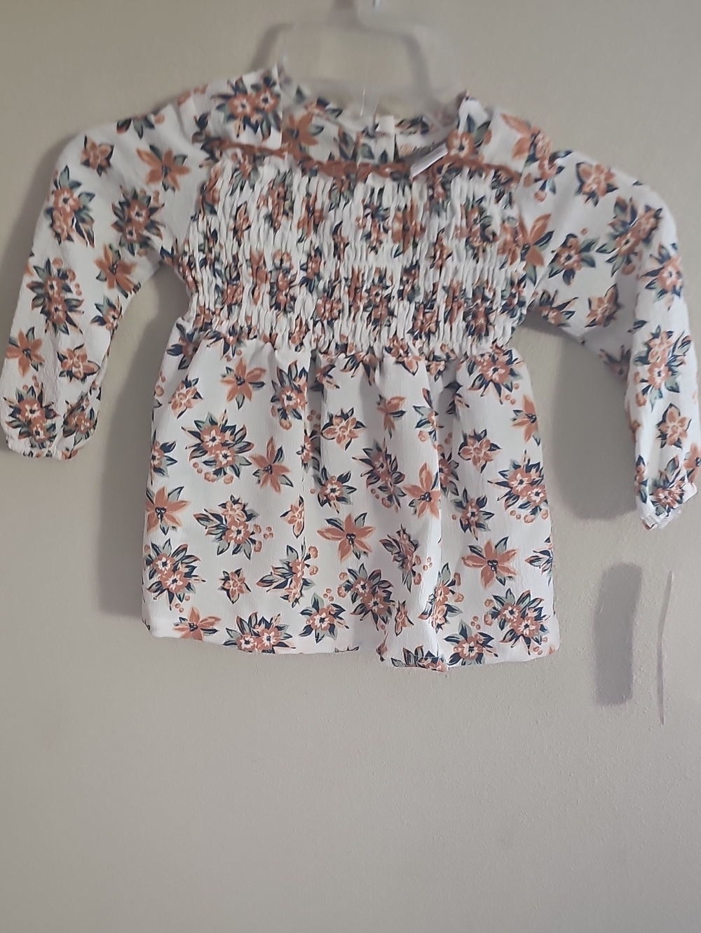 Daisy Fuentes White Floral Smocked Dress with Peach and Navy Accents